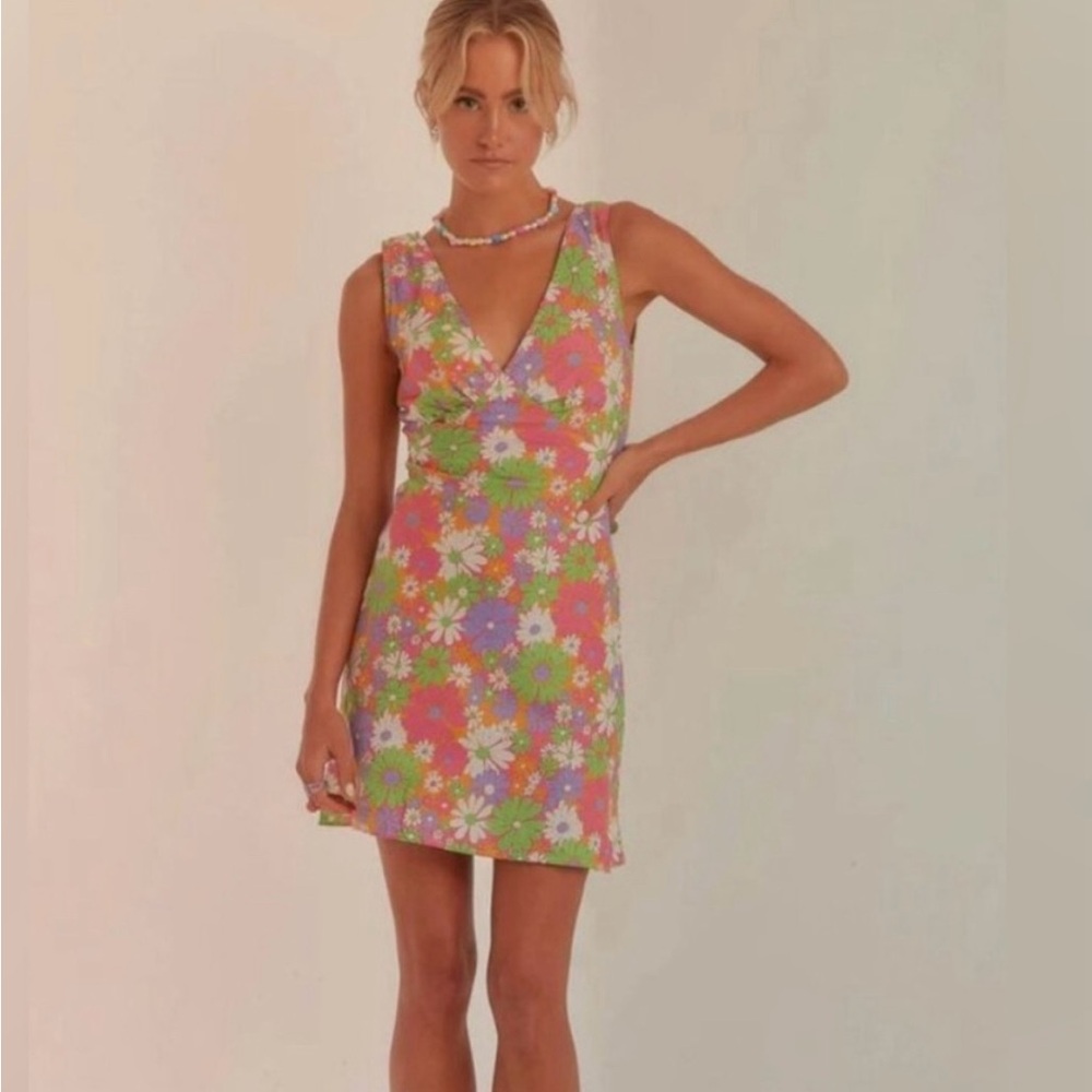 Peppermayo Pink Floral Mini Dress with Green and Purple Accents - Picture 2 of 9